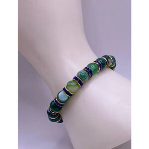 Round Green Bead Bracelet Sapphire & Gold Color Spacers Size: Small Wrist